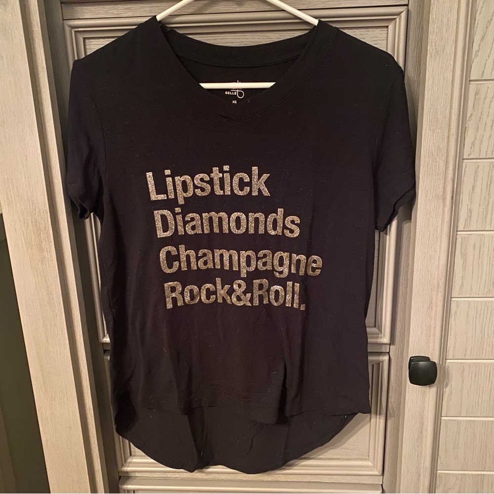 BLACK GLITTER TEE - LIPSTICK, DIAMONDS, CHAMPAGNE, ROCK&ROLL